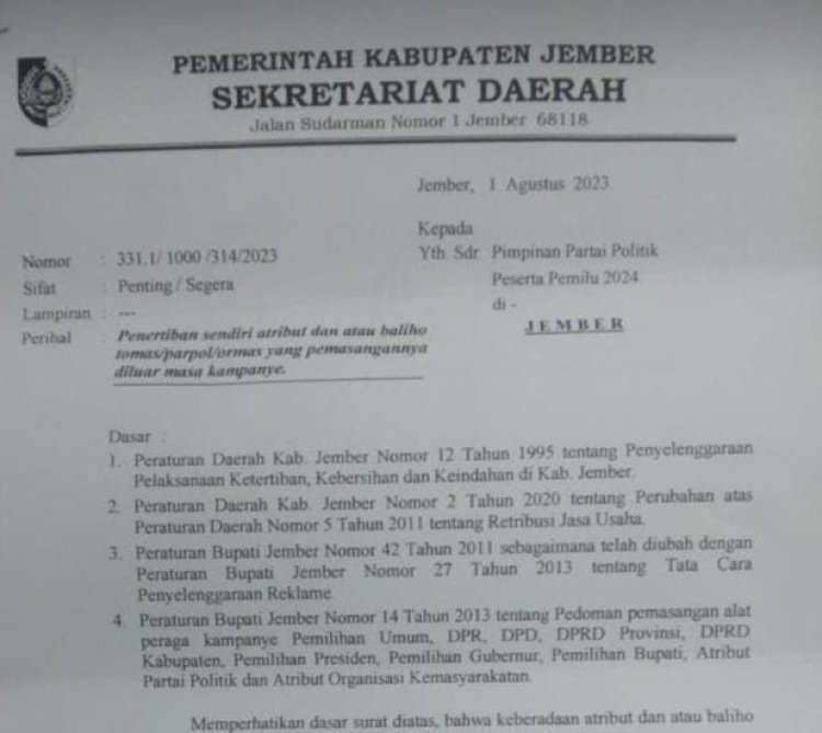 Tegas, Pemkab Jember Minta Parpol Copot Baliho Sosialisasi Pemilu